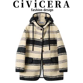 CIVICERA高階感復古條紋連帽羊羔毛外套女秋冬夾棉加厚慵懶風大衣