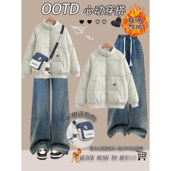 短款立領羽絨棉服女2024冬季新款初高中學生韓版寬松保暖棉衣外套