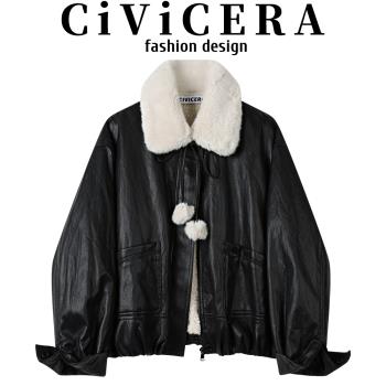 CIVICERA獨特設計感加絨翻領皮衣女秋冬款復古氣質皮毛一體短外套