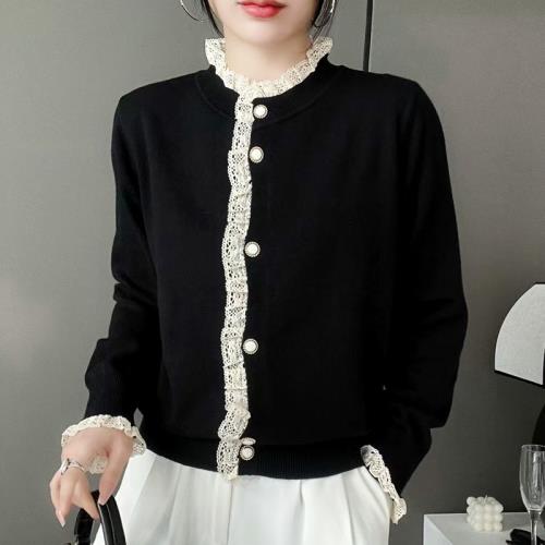 1號蕾絲花邊拼接半高領針織開衫女春秋冬減齡好看單排扣毛線外套