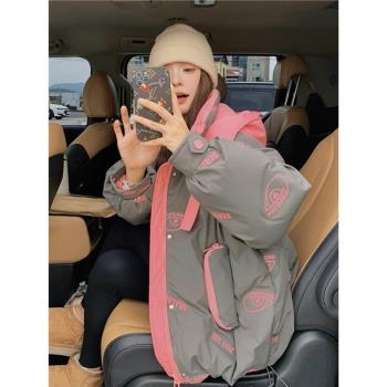 RIXO COSY撞色印花連帽羽絨服女冬季新款加厚保暖麵包服外套