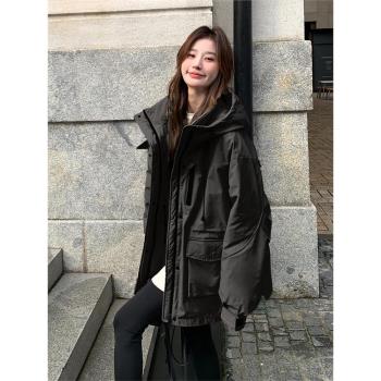 黑色工裝羽絨服女2024新款冬季高階感連帽加厚90白鴨絨沖鋒衣外套