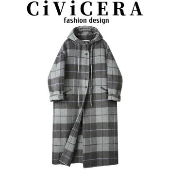 CIVICERA慵懶風長款連帽毛呢外套女秋冬復古氣質格紋雙面羊絨大衣