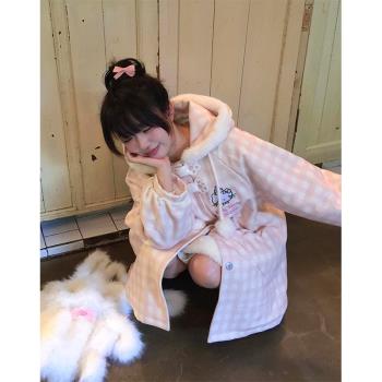 格子刺繡凱蒂貓kitty可愛耳朵連帽外套女冬季甜美學院風加厚棉服