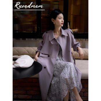 RUONDMAM ”都市翩然“ OL斜紋雙排扣大翻領中長款系帶風衣24新品