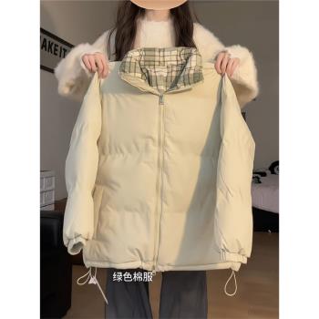 日系慵懶風簡約格子立領麵包服女冬季百搭小個子加厚保暖棉服外套