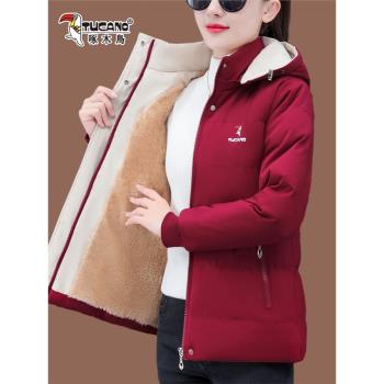 啄木鳥加絨加厚棉衣女冬季2024新款冬裝中年媽媽防寒保暖棉服外套