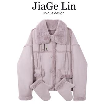 JiaGeLin紫色氛圍感穿搭皮毛一體外套女士冬季麂皮絨翻領加厚上衣