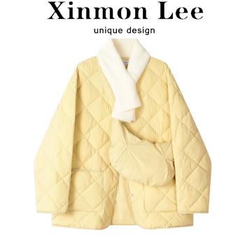 XinmonLee洋氣減齡冬季輕薄鵝黃羽絨服韓系甜美菱格設計顯瘦外套