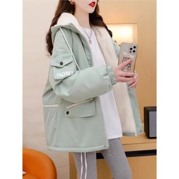 加絨加厚羊羔絨棉服女秋冬連帽學生設計感寬松休閑防風衣外套棉襖