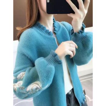 品質韓版水貂絨繡花開衫女秋冬新款寬松毛衣拉鏈長袖針織外套上衣