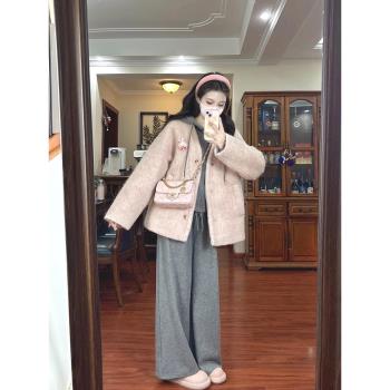 高階感短款毛呢大衣粉色呢子外套女休閑連帽衛衣上衣闊腿褲子冬季
