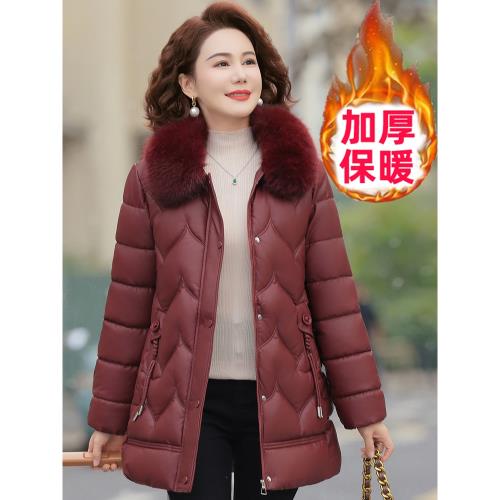 媽媽冬裝皮衣羽絨棉服外套冬季中年加絨加厚保暖中老年女棉衣棉襖
