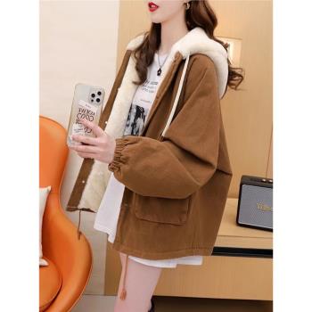 加絨加厚連帽棉服女秋冬季牛仔外套寬松高階感休閑大碼派克服棉襖
