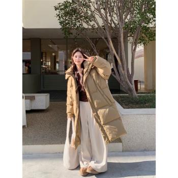 長款羽絨服女2024新款90白鴨絨連帽過膝加厚寬松冬季美式情侶外套