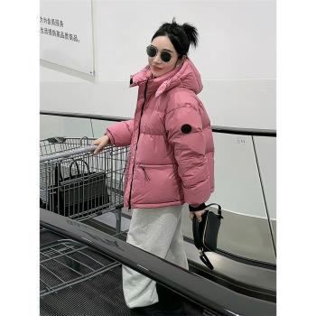 歐洲站歐貨2024冬季新款白鵝絨羽絨服女韓版撞色寬松連帽保暖外套