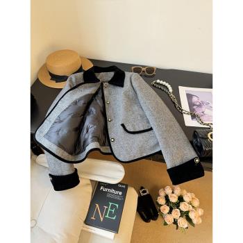 高階翻領灰色小香風羽絨服女冬季2024新款絲絨拼接加厚羊毛呢外套