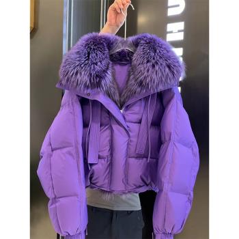 高階感超好看紫色短款棉服女冬季新款毛領設計師款麵包服保暖外套