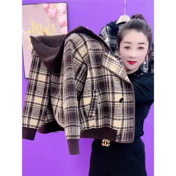 高階雙面羊絨毛呢格子外套女秋冬新款加厚連帽假兩件毛衣針織開衫