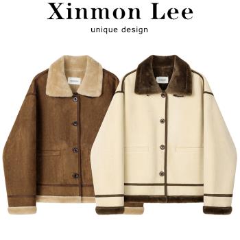 XinmonLee法式復古高級感撞色牛角扣皮毛一體加絨外套冬季短上衣