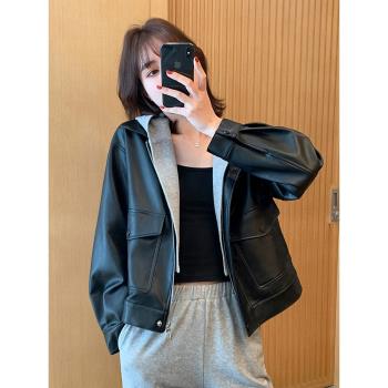 美拉德皮衣外套女2024新款可拆卸連帽小個子短款機車服pu皮夾克女