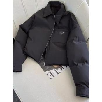 黑色潮流簡約顯瘦短款保暖POLO領棉服秋冬季高階感減齡休閑外套女