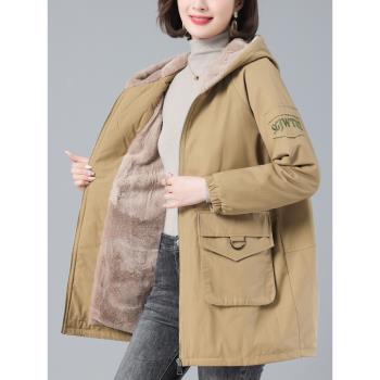 加絨派克棉服女中長款秋冬季寬松大碼中年媽媽裝加厚工裝棉衣外套