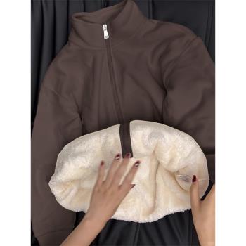 潮牌搖粒絨厚外套女秋冬季加絨加厚棉服夾棉顆粒絨內膽高階感上衣