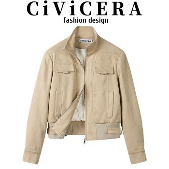 CIVICERA美式復古立領仿皮絨夾克上衣女秋冬設計感羽絨內裡短外套