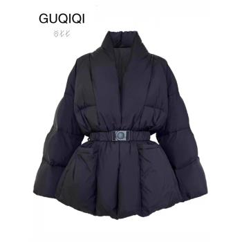 谷七七GUQIQI2024冬季新款收腰羽絨服系帶設計感白鴨絨保暖外套女