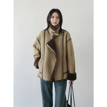 保暖皮毛一體寬松機車服上衣女冬寬松麂皮絨外套復古洋氣翻領夾克