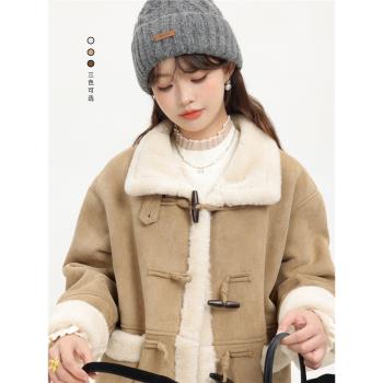 XinmonLee美拉德復古氣質設計感牛角扣鹿皮絨外套冬季韓版短棉服