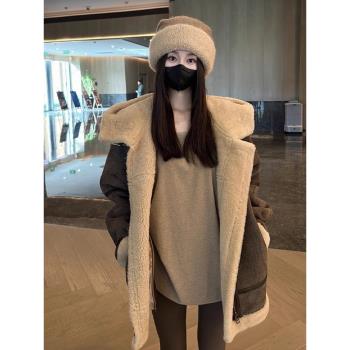 2024新款爆款美拉德咖色皮毛一體中長款連帽羊羔毛麂皮外套女秋冬