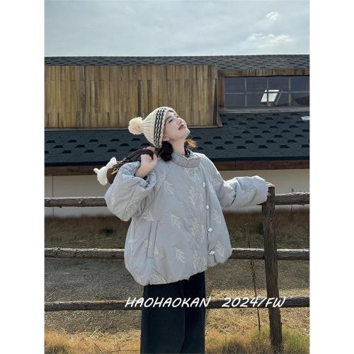 冬季新款藍色鈴蘭刺繡花苞棉服外套女保暖立領長袖棉衣輕薄小棉襖