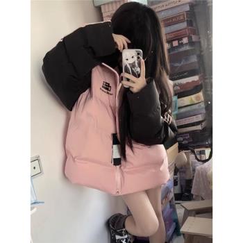 美式復古粉拼黑三條槓羽絨服女冬季2024年新款夾棉小個子加厚棉服