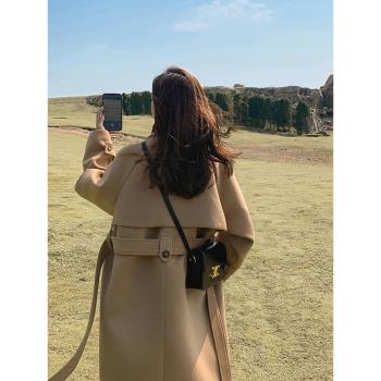 Lecea Alice卡其色毛呢外套2024冬季新款韓版寬松赫本風呢子大衣