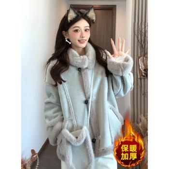 歐貨時尚立領毛毛拼接麂皮絨外套女冬季保暖加厚皮毛一體機車服潮