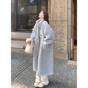 韓版寬松立領牛角扣皮毛一體羊羔毛外套女冬新款長款過膝加厚棉衣