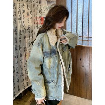 牛仔外套女冬加絨加厚2024新款爆款韓系小個子羊羔毛派克棉衣棉服