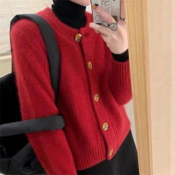 秋冬新款圓領純羊絨衫女加厚開衫今年流行的新年紅色毛衣針織外套