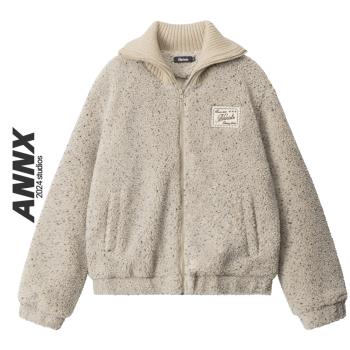ANNX2024冬季夾棉短外套女簡約純色慵懶風獨孤加絨羊羔毛外套保暖