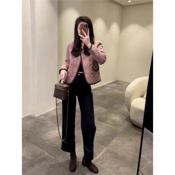 小香風高階感法式粗花呢外套女秋冬季新款休閑夾克加厚短款上衣服