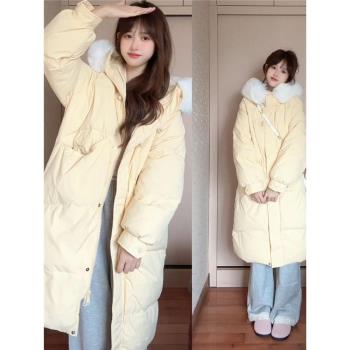 大毛領羽絨中長款棉服女2024新款冬季韓版寬松加厚連帽高階感外套
