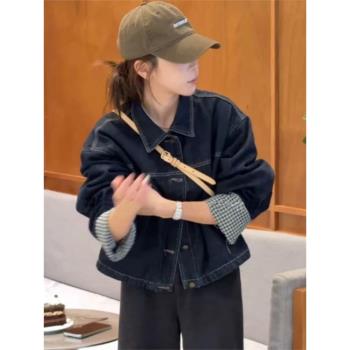 設計感袖口拼接加棉加厚牛仔短外套棉衣女2024年秋冬新款寬松棉服