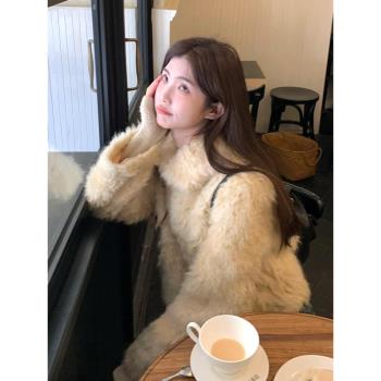 2024新款可愛甜美仿羊羔毛外套女短款加厚環保毛棉服上衣學院風潮