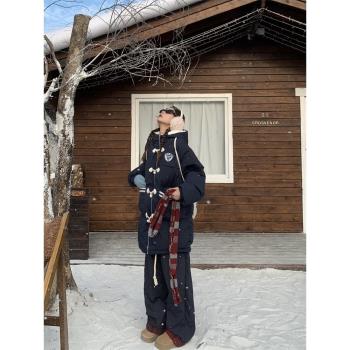 呆呆文牛角扣中長連帽棉服冬季復古高級感學院風寬松百搭棉襖外套