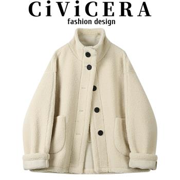 CIVICERA小個子寬松皮毛一體短外套女秋冬款慵懶風復古羊羔毛大衣