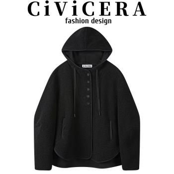CIVICERA連帽羊羔毛短外套女秋冬款小個子慵懶風寬松皮毛一體上衣