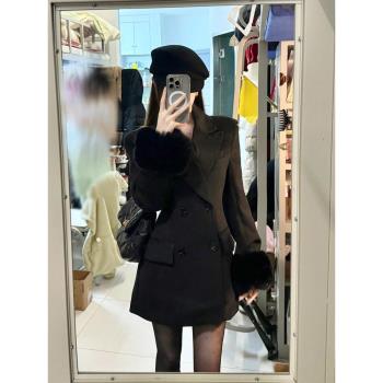 高階感黑色狐貍毛西裝毛呢外套女氣質設計感小個子加厚夾棉大衣冬