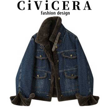 CIVICERA設計感毛毛領牛仔短外套女秋冬復古百搭加絨加厚夾克上衣